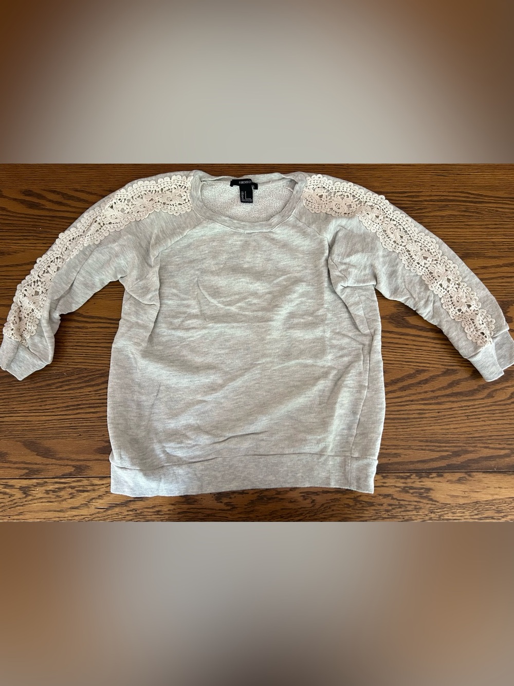 Forever 21 Light Gray Sweatshirt with White Lace Shoulders